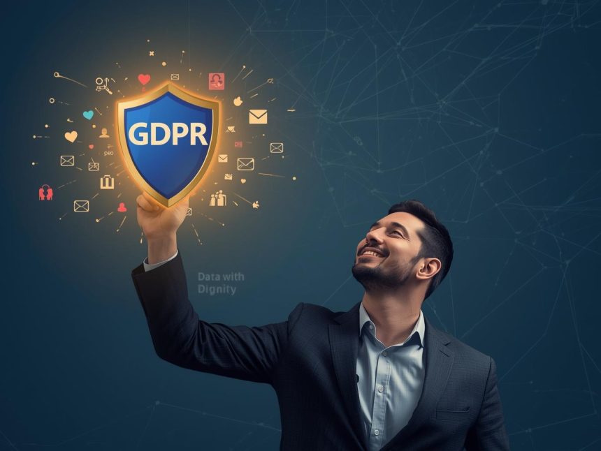 A marketer holding a glowing GDPR shield protecting user data icons, symbolizing ethical and compliant marketing practices.