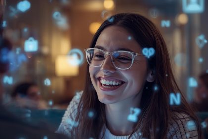 A marketer guiding a user along a smooth digital journey shown through glowing interface icons, symbolizing user-friendly marketing design.