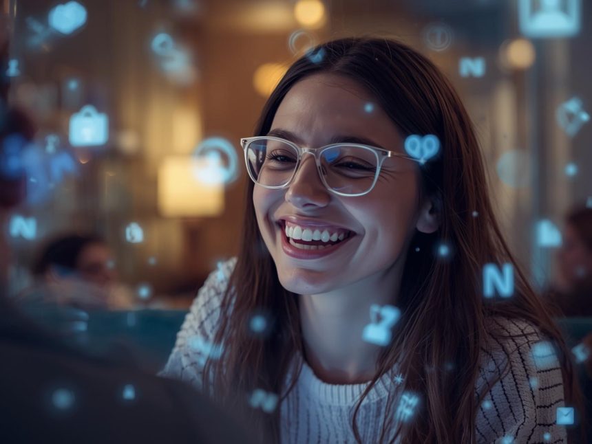 A marketer guiding a user along a smooth digital journey shown through glowing interface icons, symbolizing user-friendly marketing design.