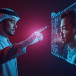 A marketer reaches out digitally with a glowing coded hand to help another person, symbolizing the idea that doing good builds stronger brand loyalty in 2025.