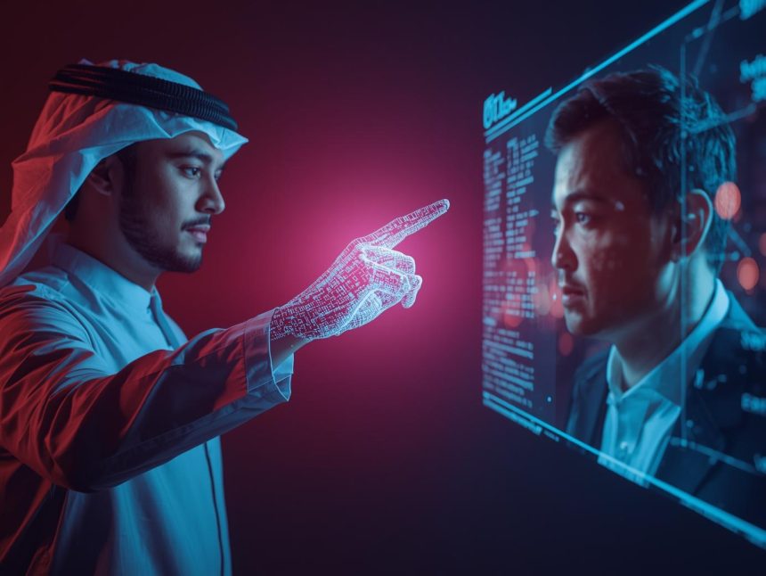 A marketer reaches out digitally with a glowing coded hand to help another person, symbolizing the idea that doing good builds stronger brand loyalty in 2025.