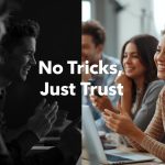 A marketer in front of glowing subscribers raising their hands voluntarily, symbolizing earned trust through opt-in marketing.