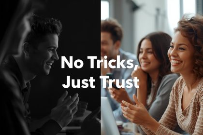 A marketer in front of glowing subscribers raising their hands voluntarily, symbolizing earned trust through opt-in marketing.