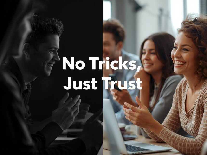 A marketer in front of glowing subscribers raising their hands voluntarily, symbolizing earned trust through opt-in marketing.