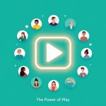 A marketer interacting with a glowing ad filled with polls and sliders, symbolizing engagement-driven marketing in 2025.