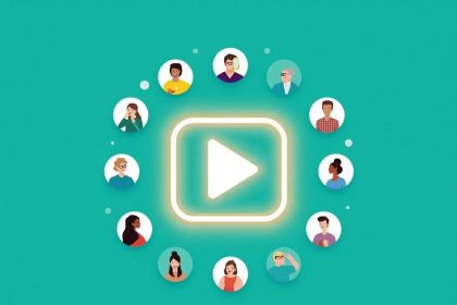 A marketer interacting with a glowing ad filled with polls and sliders, symbolizing engagement-driven marketing in 2025.