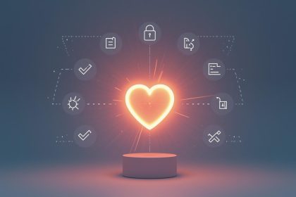 A marketer and customer shaking hands through a glowing digital interface, symbolizing trust, transparency, and ethical connection in digital marketing.