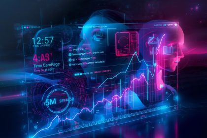 A user viewing a clean, glowing website interface that captures attention and drives clicks, representing how strong design converts first impressions into actions.