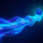 A glowing fluid path connecting digital marketing touchpoints into one seamless customer journey, symbolizing effortless brand experiences that drive loyalty.