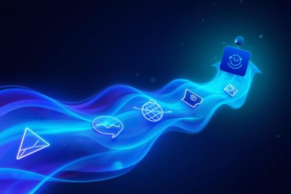 A glowing fluid path connecting digital marketing touchpoints into one seamless customer journey, symbolizing effortless brand experiences that drive loyalty.