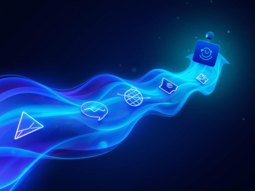 A glowing fluid path connecting digital marketing touchpoints into one seamless customer journey, symbolizing effortless brand experiences that drive loyalty.