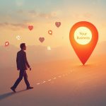 A marketer looks at a smartphone with a glowing map pin symbolizing how nearby visibility attracts local customers quickly and effectively.