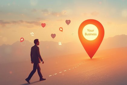 A marketer looks at a smartphone with a glowing map pin symbolizing how nearby visibility attracts local customers quickly and effectively.