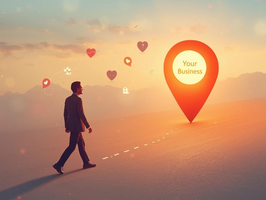 A marketer looks at a smartphone with a glowing map pin symbolizing how nearby visibility attracts local customers quickly and effectively.