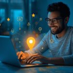 A marketer smiles as a glowing location pin appears on a digital map, symbolizing how regional SEO helps local businesses get found faster.