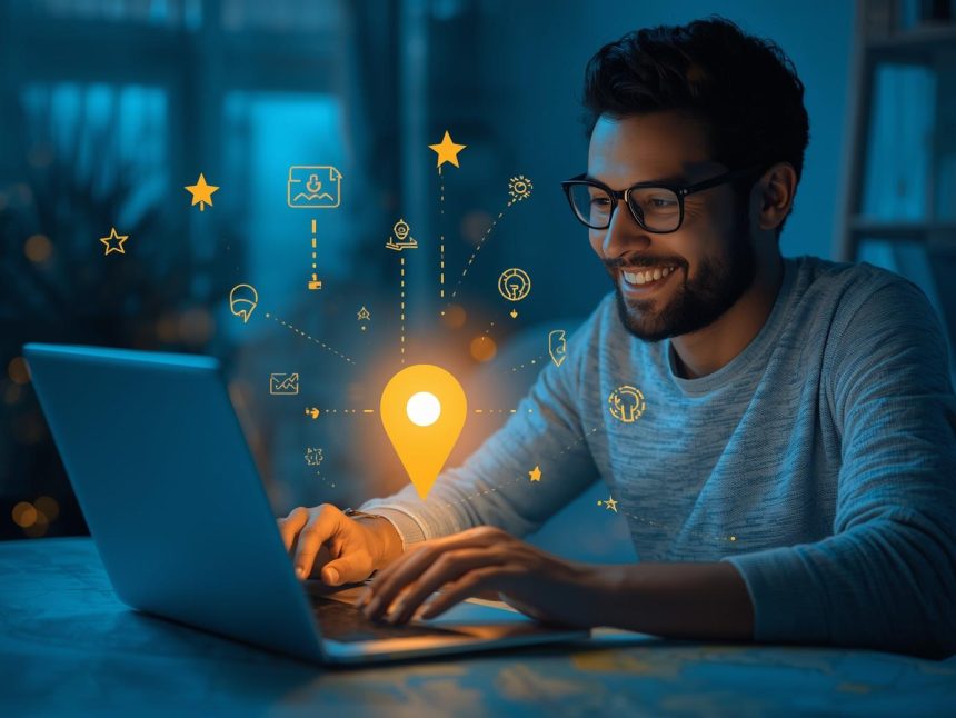 A marketer smiles as a glowing location pin appears on a digital map, symbolizing how regional SEO helps local businesses get found faster.