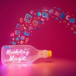 A marketer offers a glowing digital tool to a smiling user as icons of engagement rise, symbolizing how giving value through tools earns trust and conversions.