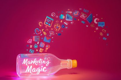 A marketer offers a glowing digital tool to a smiling user as icons of engagement rise, symbolizing how giving value through tools earns trust and conversions.