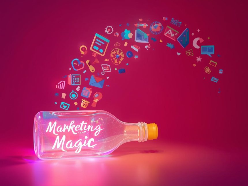 A marketer offers a glowing digital tool to a smiling user as icons of engagement rise, symbolizing how giving value through tools earns trust and conversions.