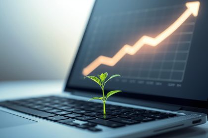 A marketer clicks a glowing green “Eco Campaign” button on a laptop, symbolizing how digital marketing supports sustainability and environmental action.