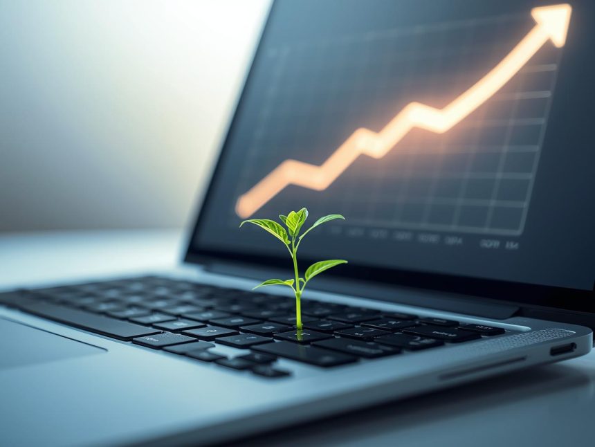 A marketer clicks a glowing green “Eco Campaign” button on a laptop, symbolizing how digital marketing supports sustainability and environmental action.