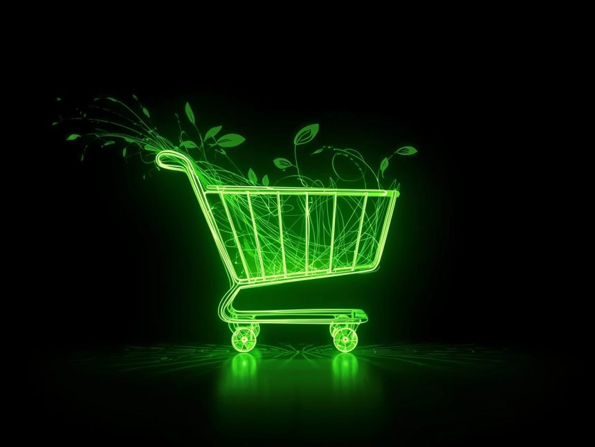 A hand holds a small glowing Earth sprouting digital leaves, symbolizing the connection between profitability and sustainability in modern marketing.