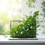 A marketer nurtures a glowing digital plant sprouting from a tablet screen, symbolizing how eco-friendly marketing drives sustainable business growth.