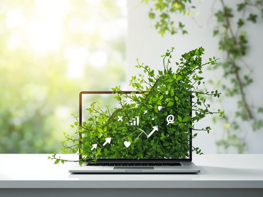 A marketer nurtures a glowing digital plant sprouting from a tablet screen, symbolizing how eco-friendly marketing drives sustainable business growth.