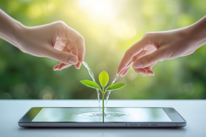 Two marketers connect glowing puzzle pieces forming a rising marketing graph, symbolizing the power of collaboration and smart growth through co-marketing.