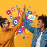 A team of marketers nurtures a glowing digital tree made of icons, symbolizing how collaboration and connection drive success in digital marketing.