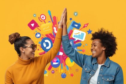 A team of marketers nurtures a glowing digital tree made of icons, symbolizing how collaboration and connection drive success in digital marketing.