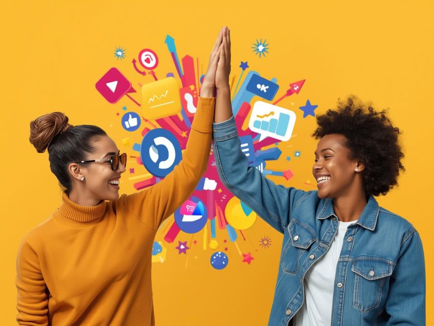 A team of marketers nurtures a glowing digital tree made of icons, symbolizing how collaboration and connection drive success in digital marketing.