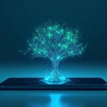 A digital tree made of glowing pixels grows from a smartphone screen, symbolizing how digital marketing helps charities expand their reach and impact.
