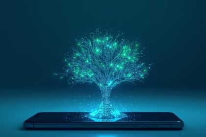 A digital tree made of glowing pixels grows from a smartphone screen, symbolizing how digital marketing helps charities expand their reach and impact.