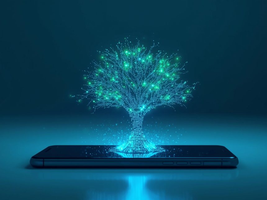 A digital tree made of glowing pixels grows from a smartphone screen, symbolizing how digital marketing helps charities expand their reach and impact.