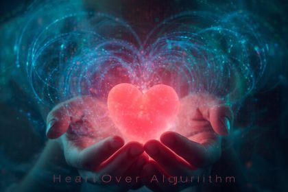 A person holding a glowing red heart surrounded by digital code, symbolizing human emotion triumphing over automation in marketing.