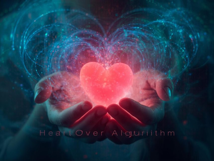 A person holding a glowing red heart surrounded by digital code, symbolizing human emotion triumphing over automation in marketing.