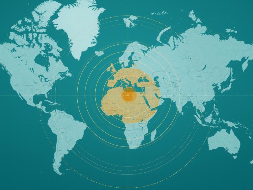 A glowing arrow hits the center of a neon bullseye made of a map pin, symbolizing the precision and power of geo-targeting in modern marketing.