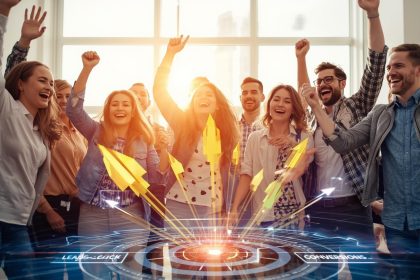 A glowing digital arrow hits the center of a neon target surrounded by marketing icons, symbolizing precise interest targeting in digital marketing.