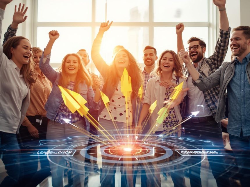 A glowing digital arrow hits the center of a neon target surrounded by marketing icons, symbolizing precise interest targeting in digital marketing.