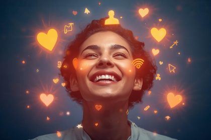 A marketer reaches toward a glowing screen filled with interactive elements like polls, chats, and sliders, symbolizing how digital marketing hooks audiences through engagement.