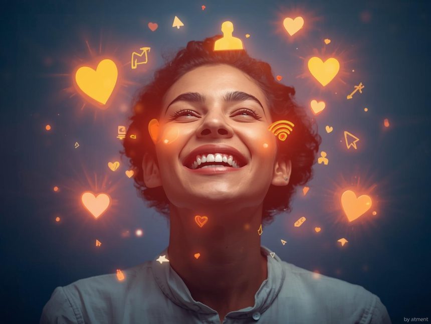 A marketer reaches toward a glowing screen filled with interactive elements like polls, chats, and sliders, symbolizing how digital marketing hooks audiences through engagement.