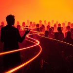 A marketer sits before a glowing laptop surrounded by swirling story icons, symbolizing the captivating power of storytelling in digital marketing.