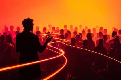 A marketer sits before a glowing laptop surrounded by swirling story icons, symbolizing the captivating power of storytelling in digital marketing.