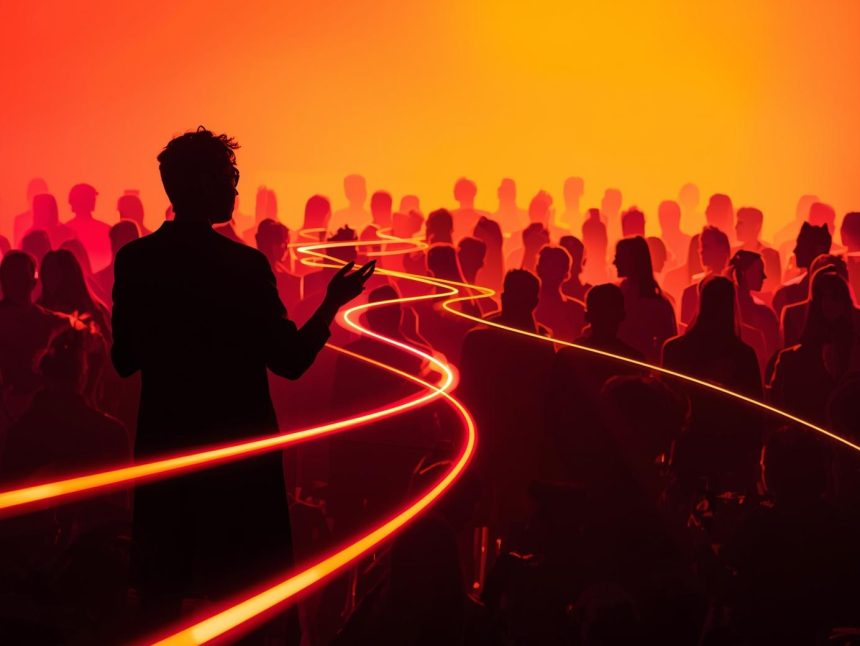 A marketer sits before a glowing laptop surrounded by swirling story icons, symbolizing the captivating power of storytelling in digital marketing.