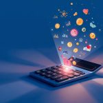 A glowing calculator projects digital marketing icons like graphs, coins, and hearts, symbolizing how interactive calculators drive engagement and conversions.