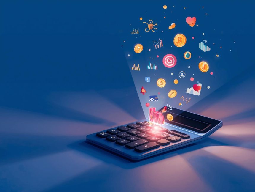 A glowing calculator projects digital marketing icons like graphs, coins, and hearts, symbolizing how interactive calculators drive engagement and conversions.