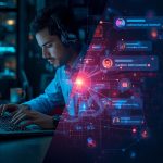 A marketer using an AI-powered live chat dashboard providing real-time support and engagement, symbolizing how instant assistance transforms digital marketing.