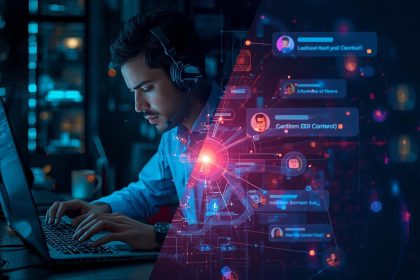 A marketer using an AI-powered live chat dashboard providing real-time support and engagement, symbolizing how instant assistance transforms digital marketing.