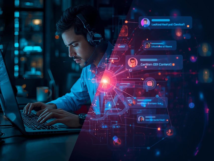 A marketer using an AI-powered live chat dashboard providing real-time support and engagement, symbolizing how instant assistance transforms digital marketing.